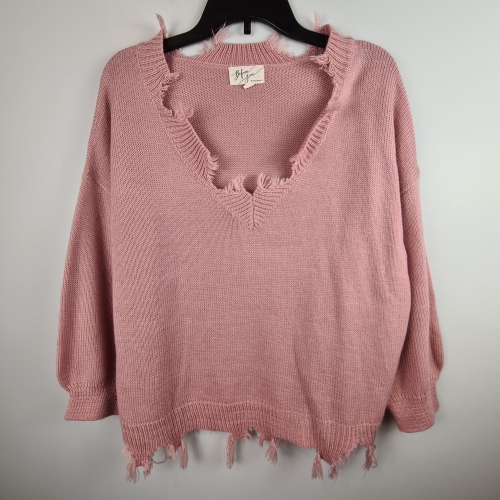 Before You Pink Distressed V-Neck Sweater Fringed Hem‎ Womens Size S Distressed